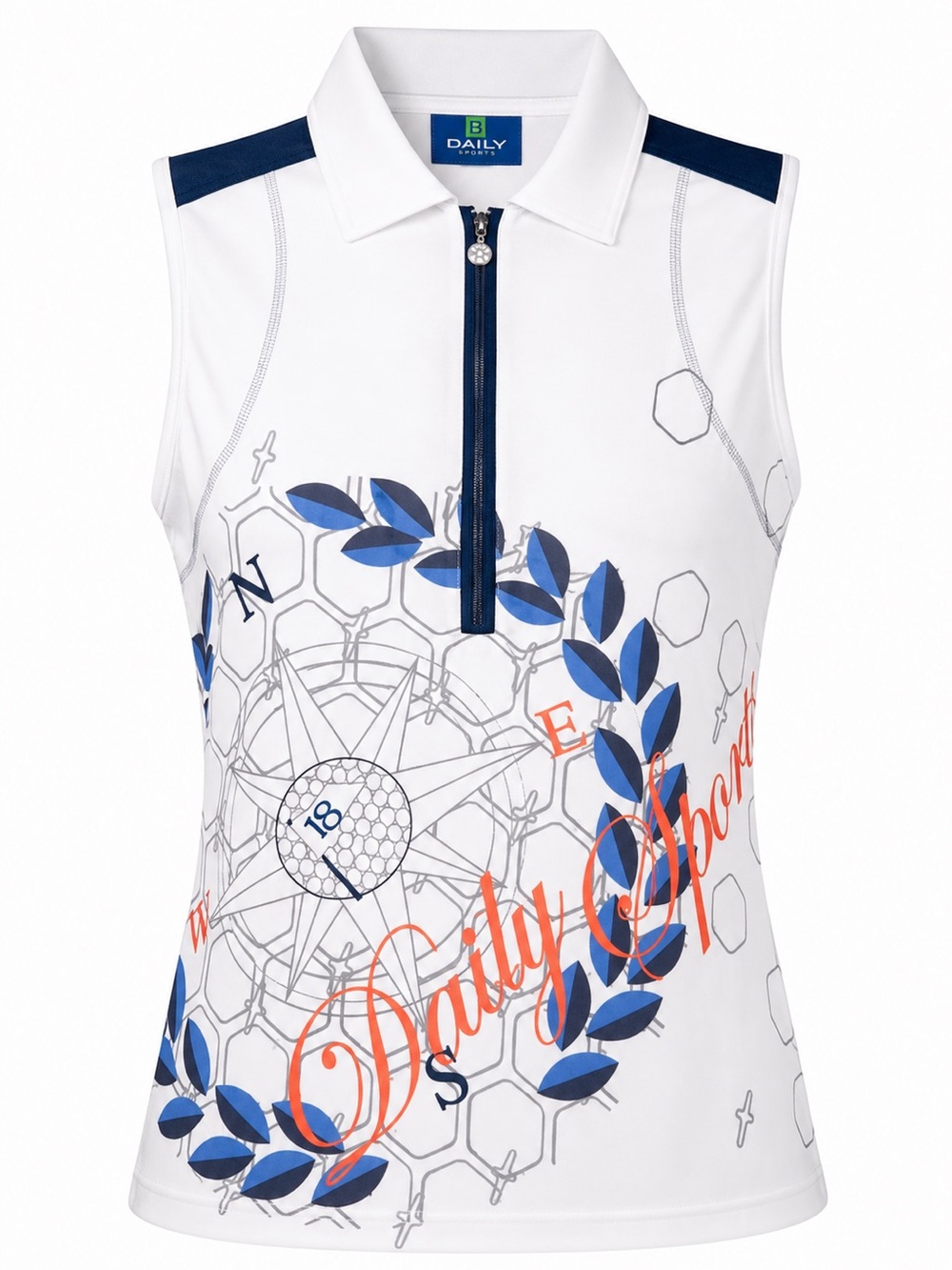 Daily Sports Golf Women Compass Golfball White Navy  Orange Sleeveless Polo - S